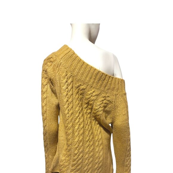 Vintage Cable Knit Sweater XL Off Shoulder Flutter Cuffs Gold Metallic Cozy - Picture 5 of 7